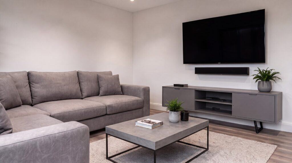 Garden living room interior with seating, television and media console
