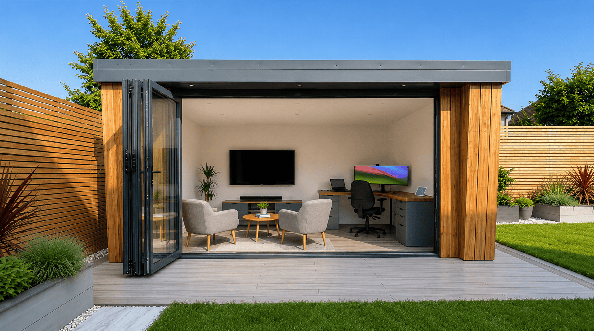 Garden office with a lounge area, desk and bi-folding doors opening onto a garden