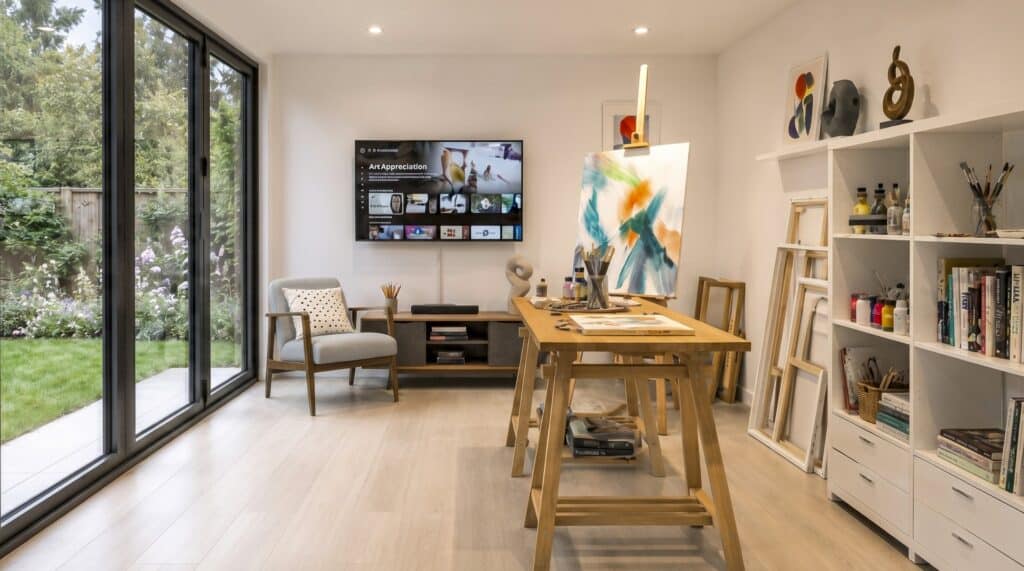 Bright art studio interior with glazed doors, easel, artwork and built-in shelving