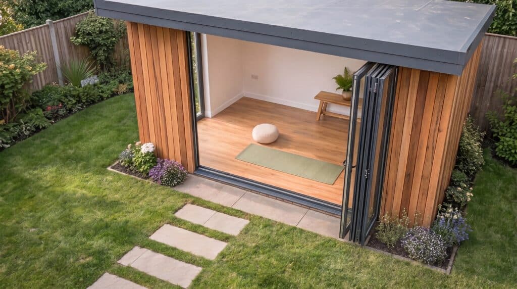 Garden meditation room with folding glass doors, yoga mat and cushions beside a landscaped garden