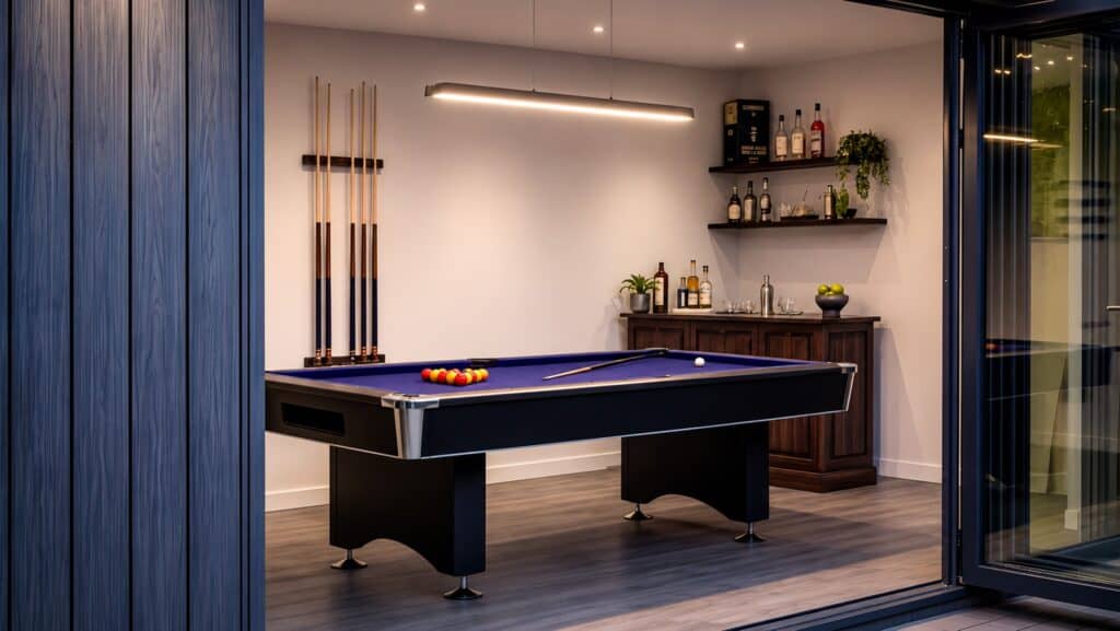 Garden room interior with a billiards table, cue rack and drinks cabinet